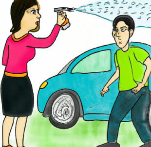 Woman pepper spraying man next to car